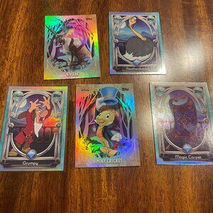 Topps Disney Foil Card set of 5 Sven, Magic Carpet, Jiminy, Grumpy & Featherdust
